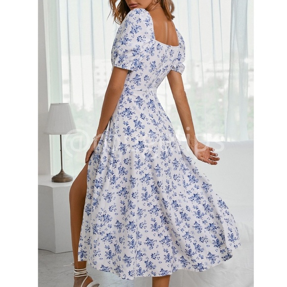 Floral Print White Flared Dress Puff Short Sleeve Leg Slit - Picture 3 of 16